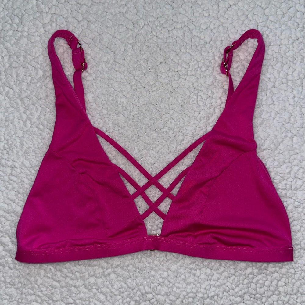 Victoria’s Secret pink strappy front bikini swim top gold metal details M